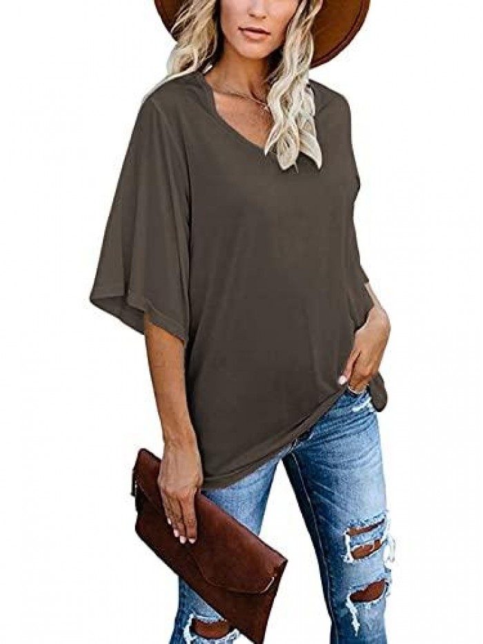 Women's Casual Blouse Summer Loose Fit Tops V neck 3/4 Bell Sleeve Shirt 