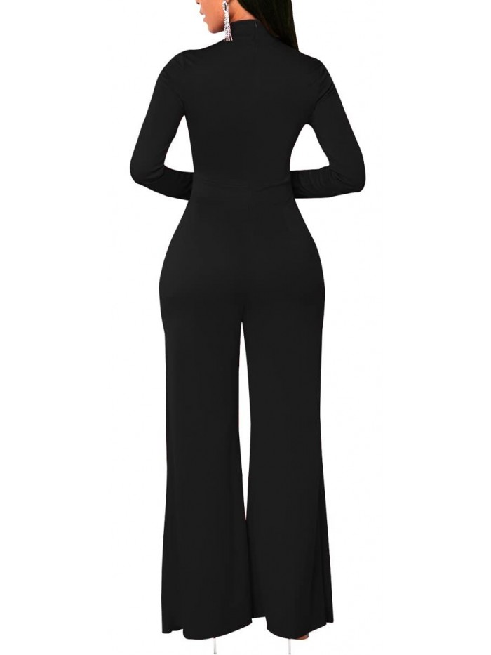 Elegant Jumpsuits Dressy Long Sleeve Straight Long Pants Rompers with Pockets 