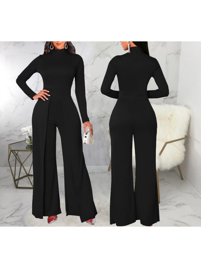 Elegant Jumpsuits Dressy Long Sleeve Straight Long Pants Rompers with Pockets 