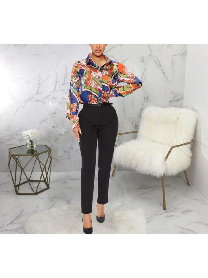 Button-Down Shirts Colorful Shirt Floral Print Dressy Tops Loose Collar Long Sleeve Sexy T-Shirts  