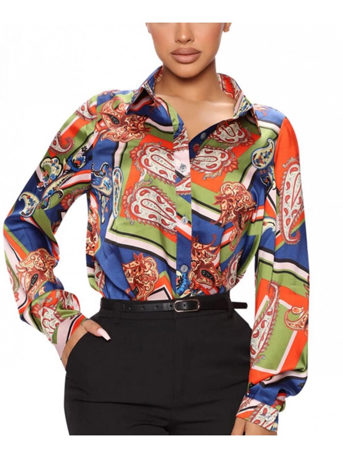 Button-Down Shirts Colorful Shirt Floral Print Dressy Tops Loose Collar Long Sleeve Sexy T-Shirts  