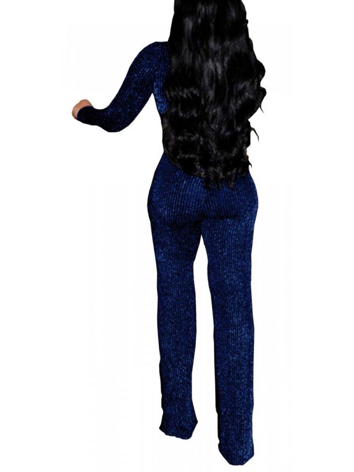 Casual Sexy Sequin Jumpsuits V Neck Long Sleeve Onesie Pants Party Clubwear with Belt 