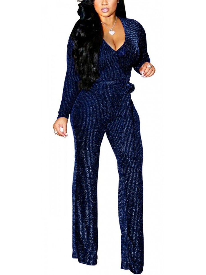 Casual Sexy Sequin Jumpsuits V Neck Long Sleeve Onesie Pants Party Clubwear with Belt 