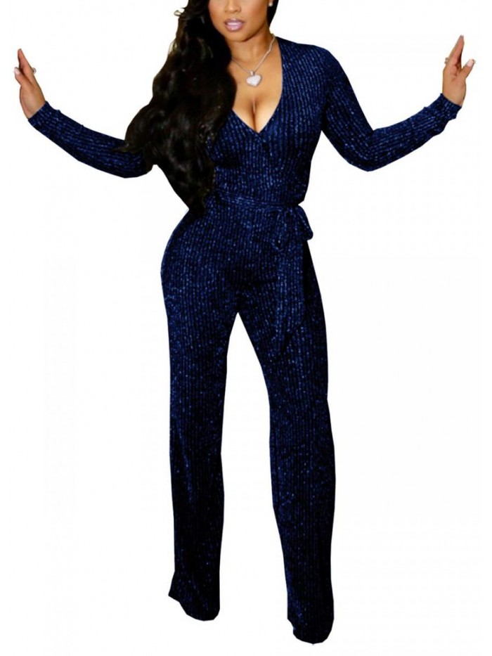 Casual Sexy Sequin Jumpsuits V Neck Long Sleeve Onesie Pants Party Clubwear with Belt 