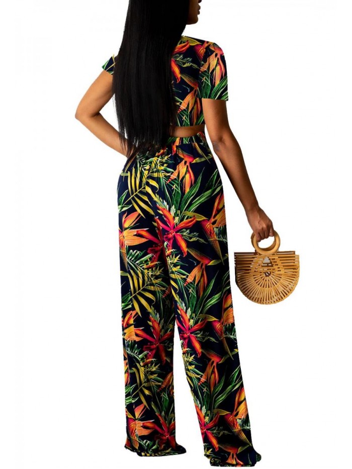 Casual 2 Pieces Sets Floral Crop Tops Wide Leg Pants Jumpsuits 