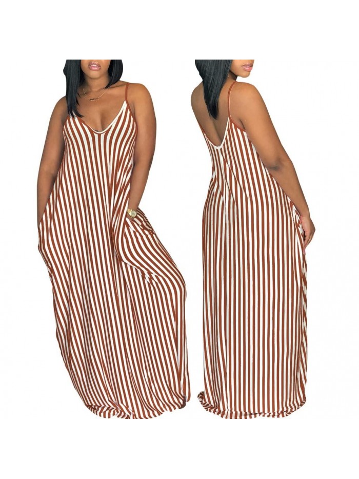 Casual Stripe Long Maxi Dresses with Pockets Spaghetti Strap Sleeveless Loose Beach Sundress 