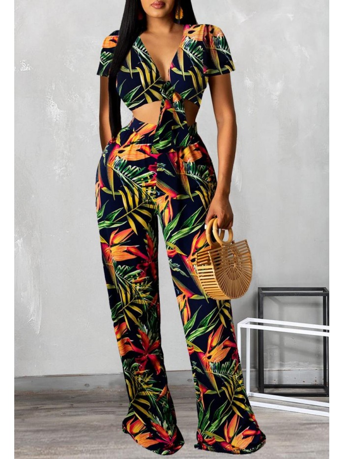 Casual 2 Pieces Sets Floral Crop Tops Wide Leg Pants Jumpsuits 