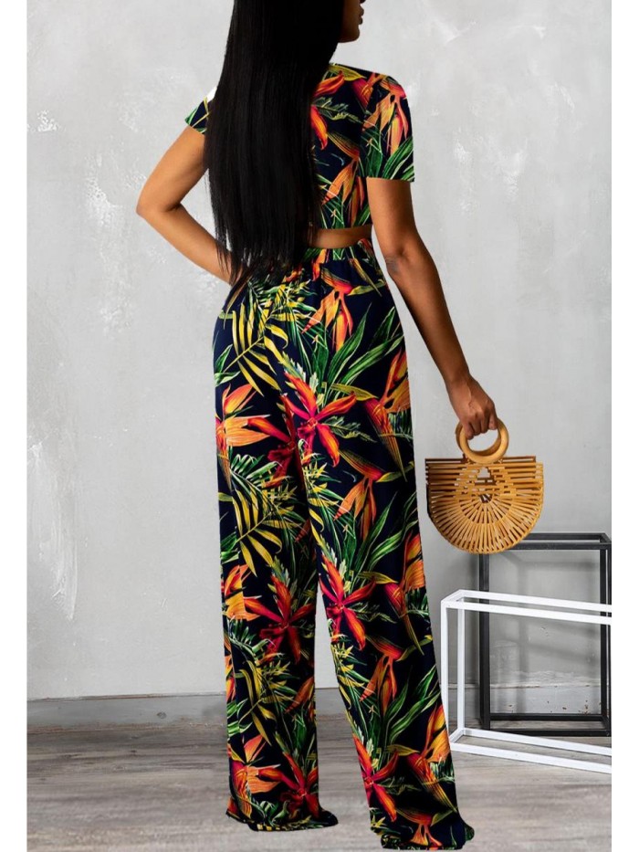 Casual 2 Pieces Sets Floral Crop Tops Wide Leg Pants Jumpsuits 