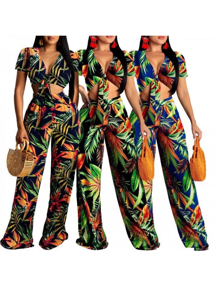 Casual 2 Pieces Sets Floral Crop Tops Wide Leg Pants Jumpsuits 