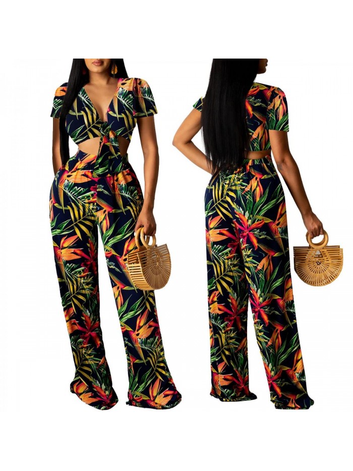 Casual 2 Pieces Sets Floral Crop Tops Wide Leg Pants Jumpsuits 