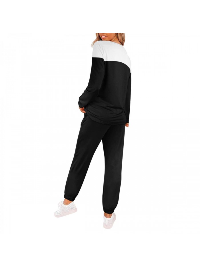 Piece Sweatsuit Outfits for Women Crewneck Long Sleeve Colorblock Striped Pants Sets Athletic Tracksuit with Pockets 