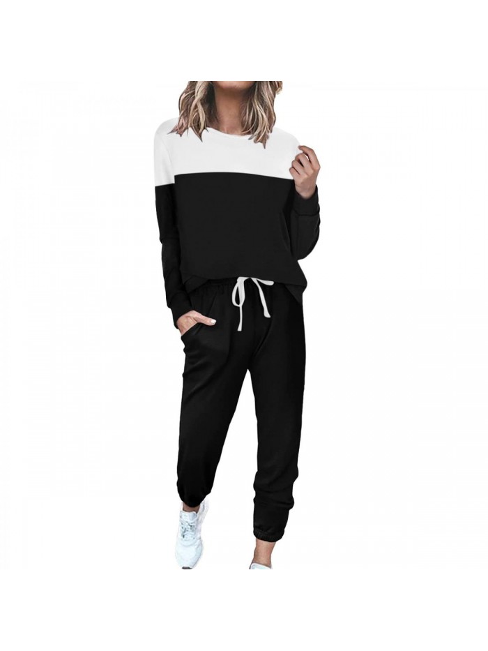 Piece Sweatsuit Outfits for Women Crewneck Long Sleeve Colorblock Striped Pants Sets Athletic Tracksuit with Pockets 