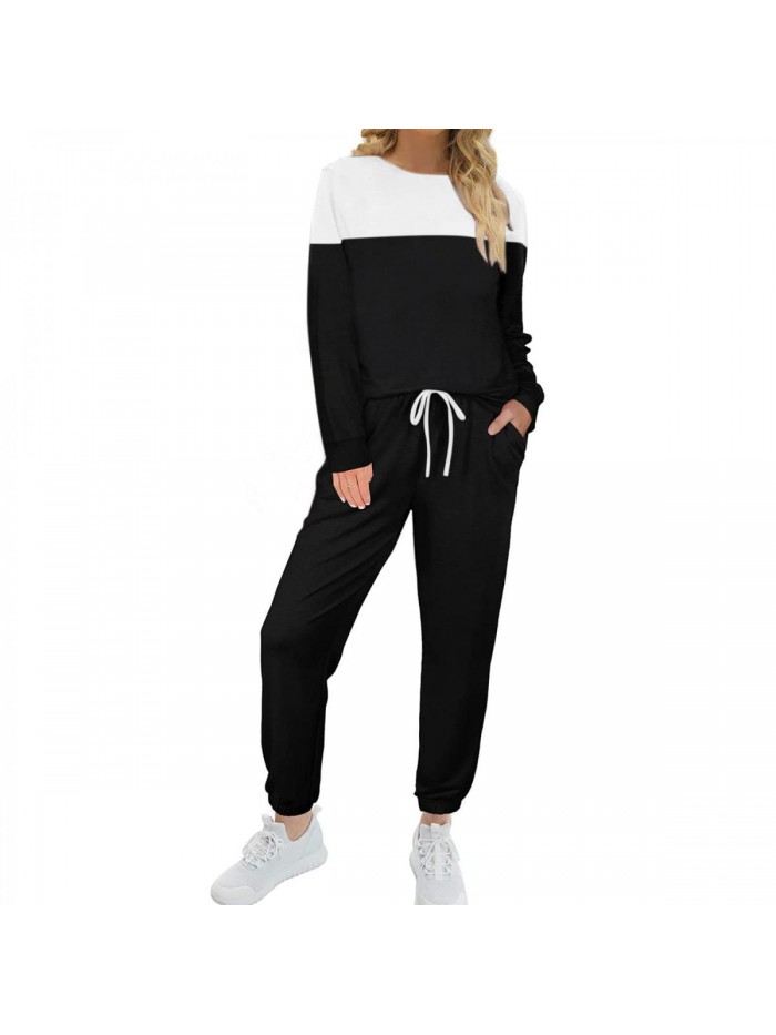 Piece Sweatsuit Outfits for Women Crewneck Long Sleeve Colorblock Striped Pants Sets Athletic Tracksuit with Pockets 