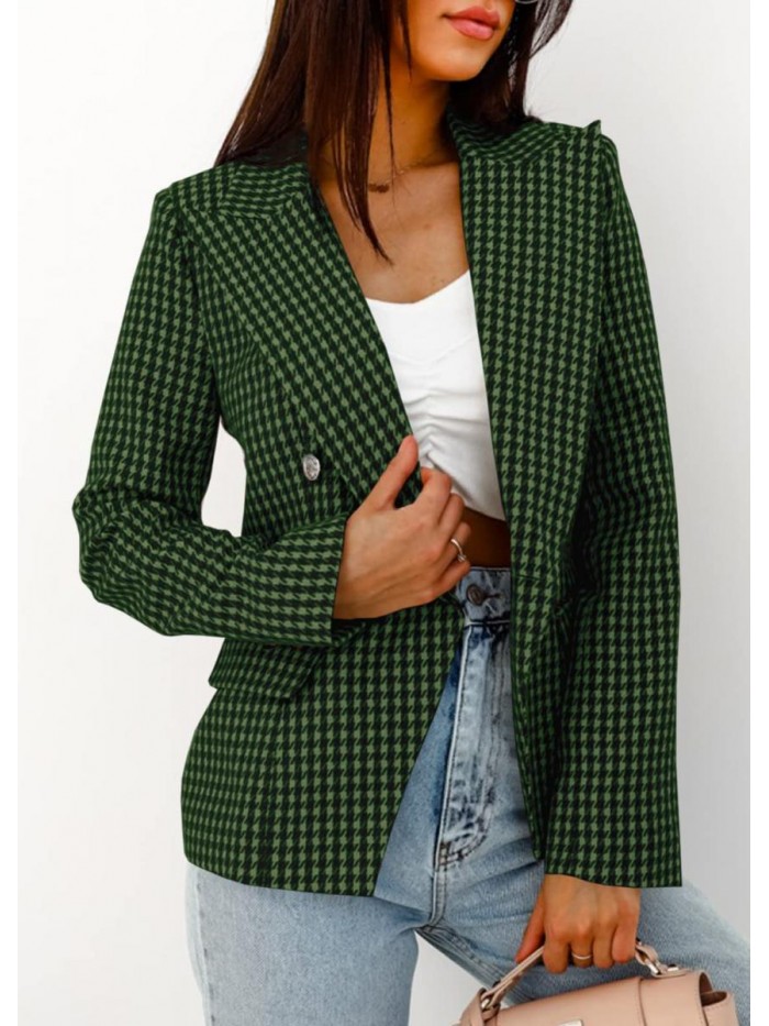 Women's Long Sleeve Plaid Blazers Houndstooth Open Front Lapel Collar Jackets with Pockets 