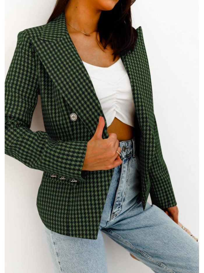 Women's Long Sleeve Plaid Blazers Houndstooth Open Front Lapel Collar Jackets with Pockets 