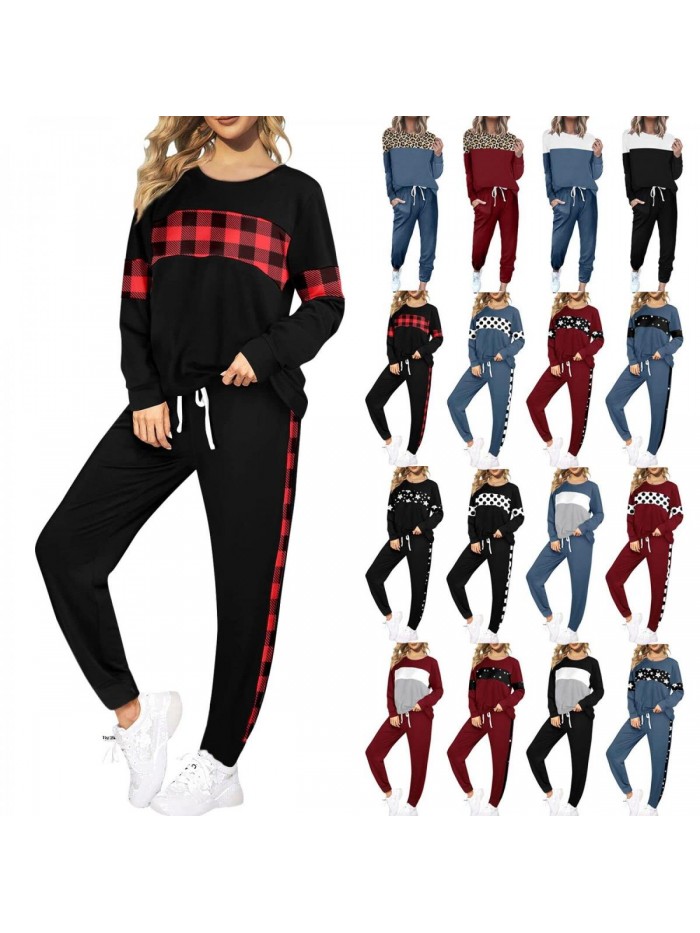 Piece Sweatsuit Outfits for Women Crewneck Long Sleeve Colorblock Striped Pants Sets Athletic Tracksuit with Pockets 