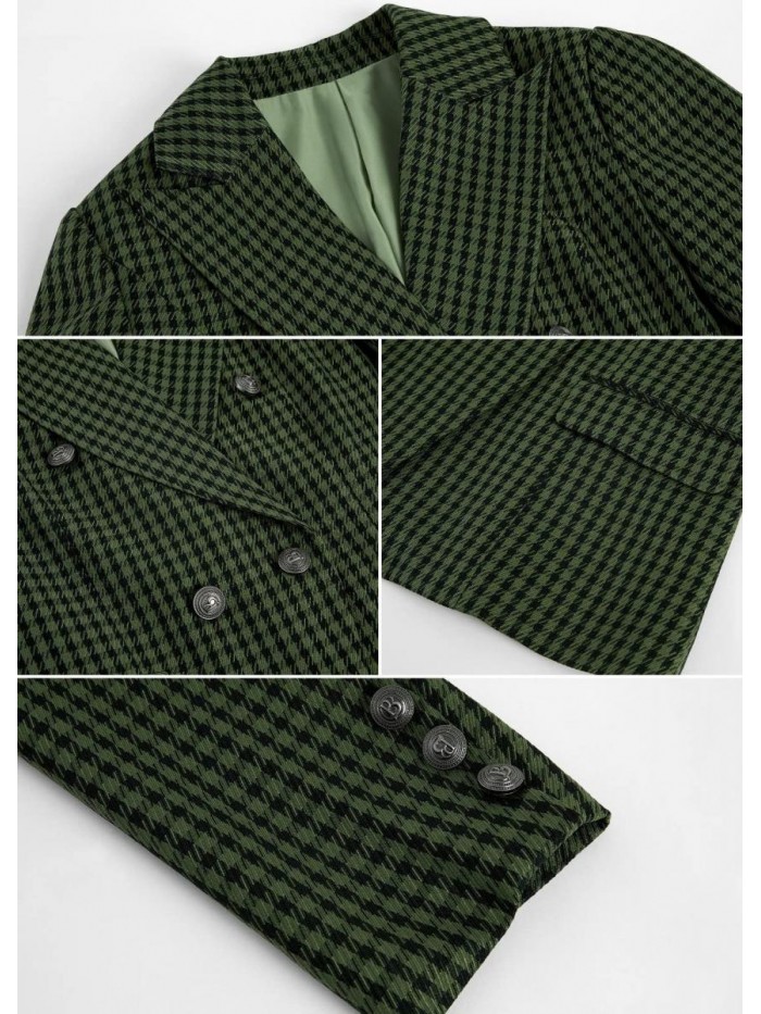 Women's Long Sleeve Plaid Blazers Houndstooth Open Front Lapel Collar Jackets with Pockets 