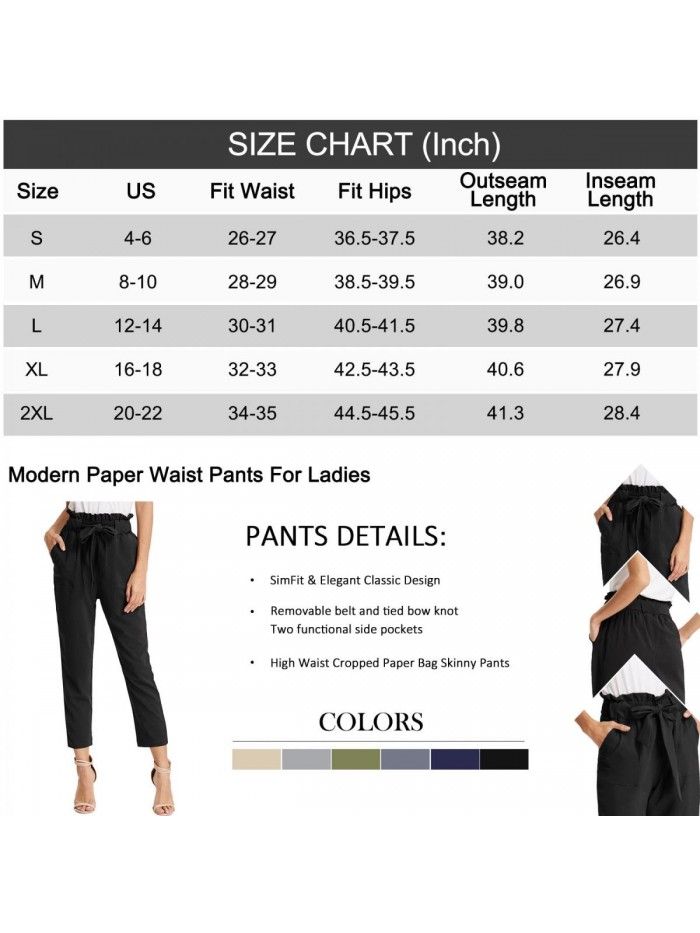 KOLE Women Paper Bag Pants High Waist with Pockets Tie Casual Cropped Trousers S-XXL 