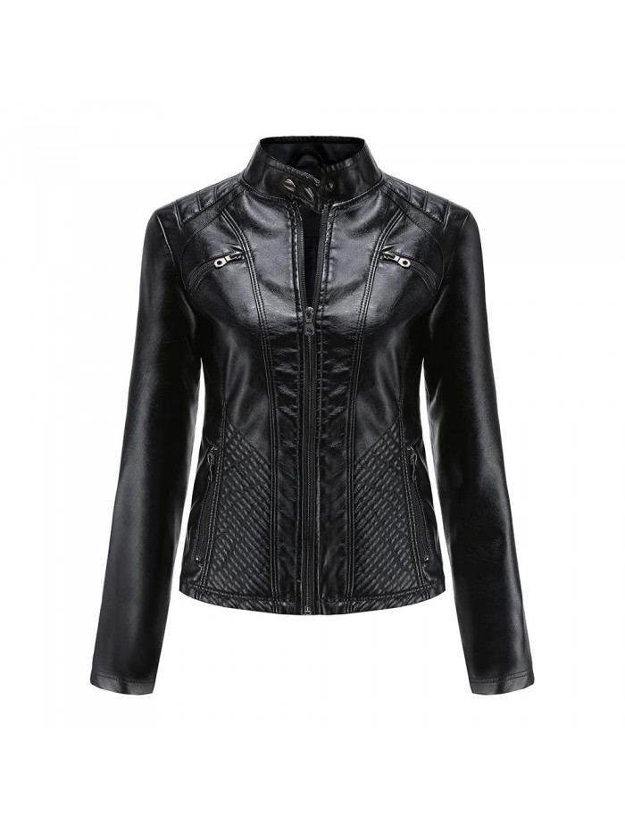 Women Cropped Fitted Faux Leather Moto Jacket 