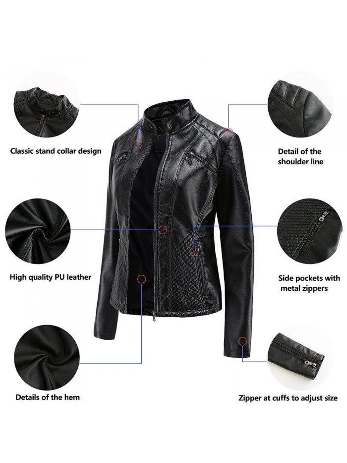 Women Cropped Fitted Faux Leather Moto Jacket 