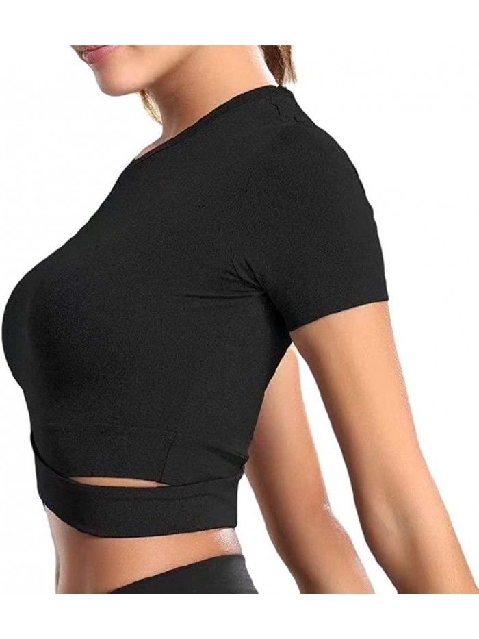 Bontierie Women Crew Neck Crop Tops Tummy Cross Long or Short Sleeve Sport Shirt for Yoga Fitness Running Tank Tops