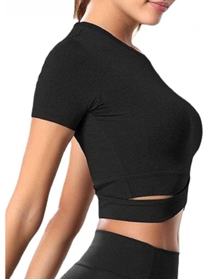 Bontierie Women Crew Neck Crop Tops Tummy Cross Long or Short Sleeve Sport Shirt for Yoga Fitness Running Tank Tops