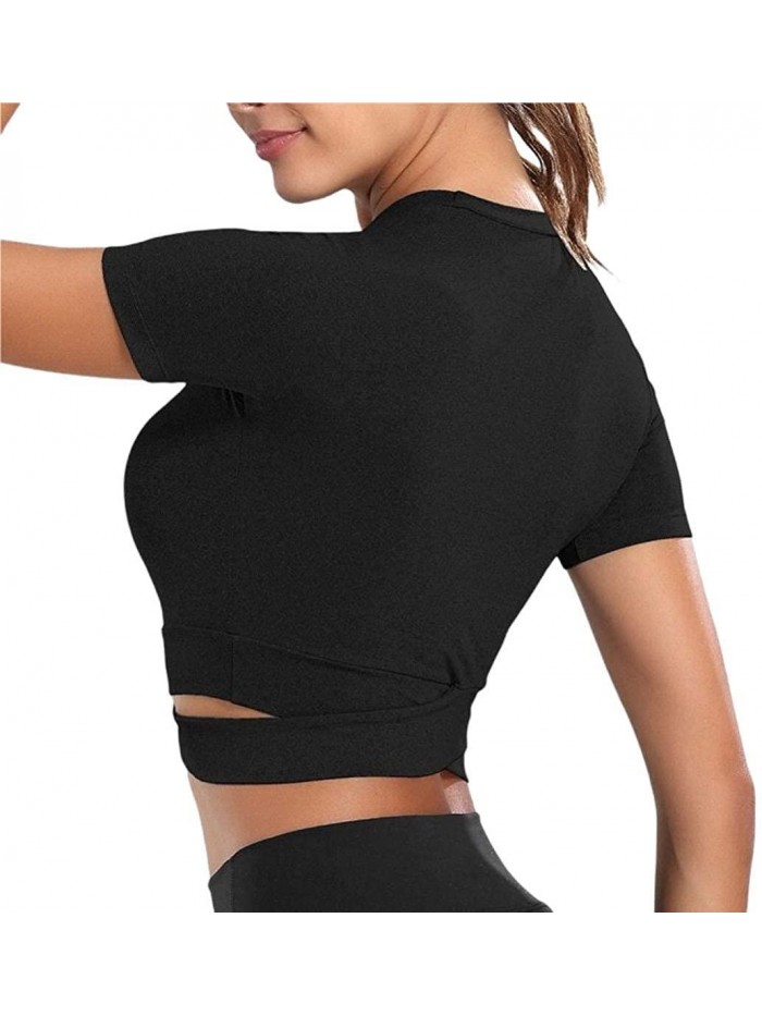 Bontierie Women Crew Neck Crop Tops Tummy Cross Long or Short Sleeve Sport Shirt for Yoga Fitness Running Tank Tops