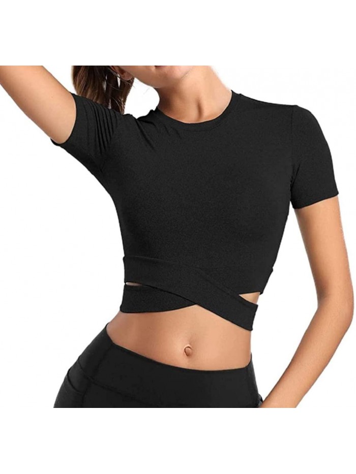 Bontierie Women Crew Neck Crop Tops Tummy Cross Long or Short Sleeve Sport Shirt for Yoga Fitness Running Tank Tops