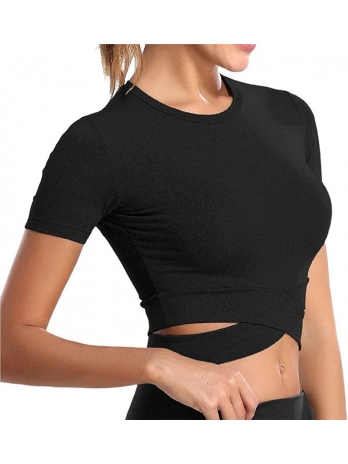 Bontierie Women Crew Neck Crop Tops Tummy Cross Long or Short Sleeve Sport Shirt for Yoga Fitness Running Tank Tops