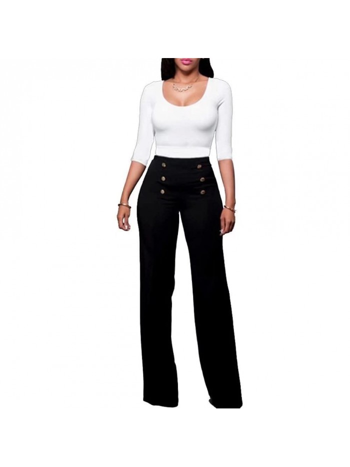 Stretchy High Waisted Wide Leg Button-Down Pants Sailor Bell Flare Pants 