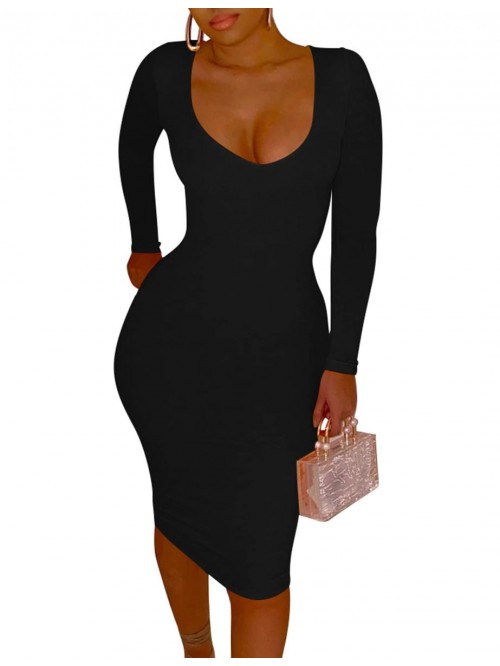 Women's Sexy Long Sleeve Bodycon V Neck Midi Club ...