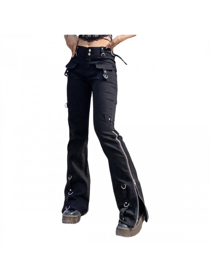 Women Gothic Cargo Pants Wide Straight Leg Low Waist Loose Goth Punk Trousers Harajuku Streetwear 