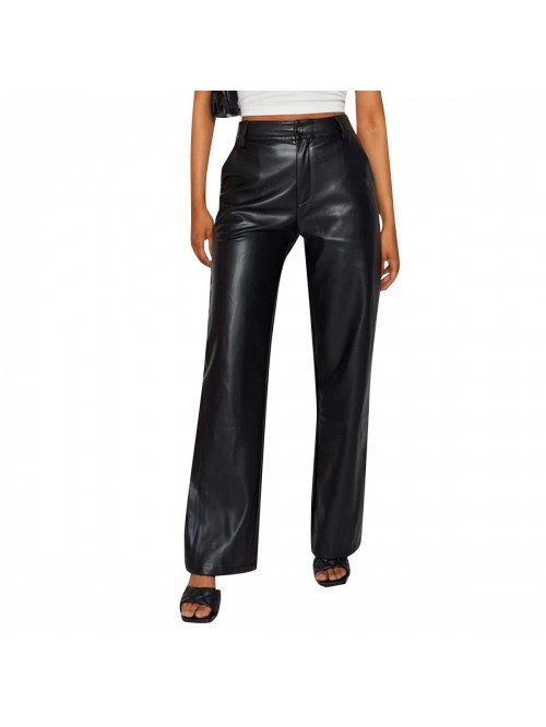 Faux Leather Leggings Pants High Waist Straight Wi...