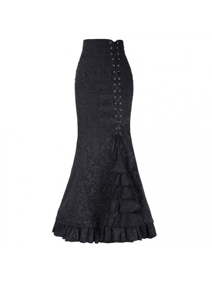 Gothic Ruffled Steampunk Vintage Fishtail Mermaid Skirt Victorian High Waist Retro Maxi Skirt 