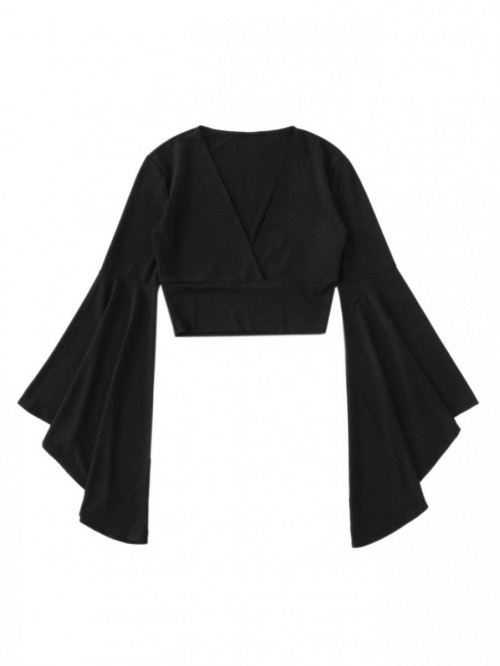 Women's V Neck Long Bell Sleeve Wrap Blouse Top Te...