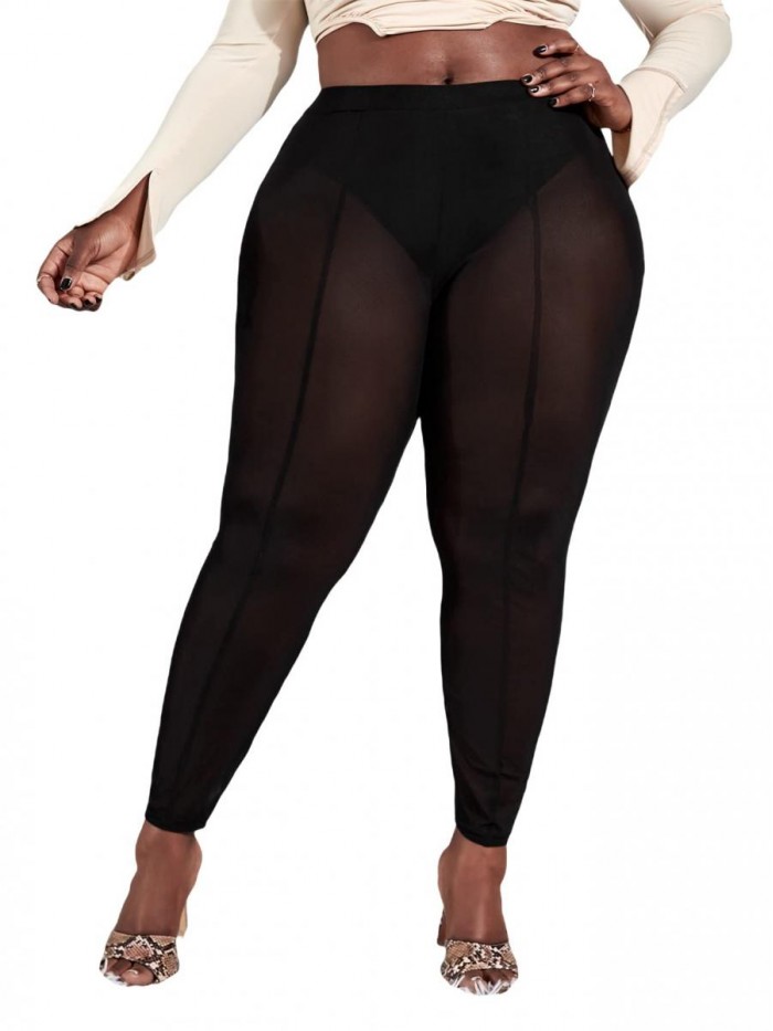 Women's Plus Size Sheer Mesh High Waist Panty Lined Leggings Pants 