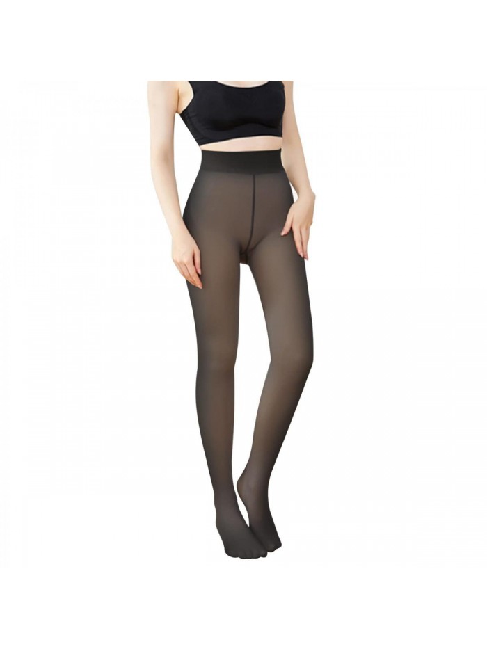 Women's Winter Tights Fleece Lined Pantyhose Opaque Warm Leggings Thicken Fake Translucent Tights Elastic Control Top 