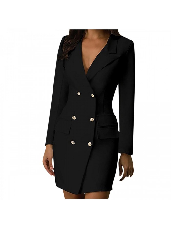 Blazer Dress for Women Bag Hip Solid Elegant Slim Fit Overcoats Long Sleeve Turndown Collar Double Breasted Outfits 