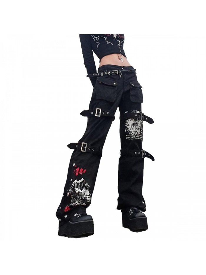 Women Harajuku Goth Pants Wide Leg Low Rise Baggy Pants Grunge Gothic Cargo Pants with Chain Streetwear 