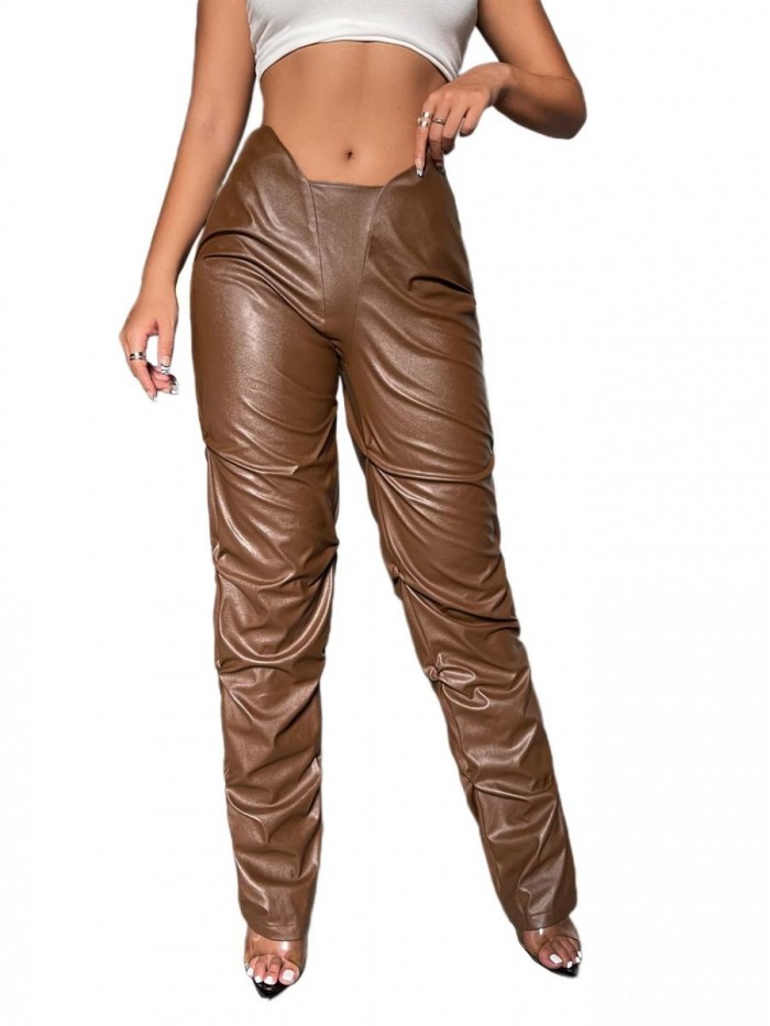 HUX Women's PU Leather Ruched Straight Leg Pants Trousers 