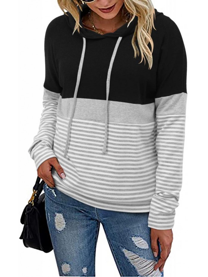 Color Block Hoodies Fall Top Long Sleeve Shirts Casual Pullover Sweatshirts 