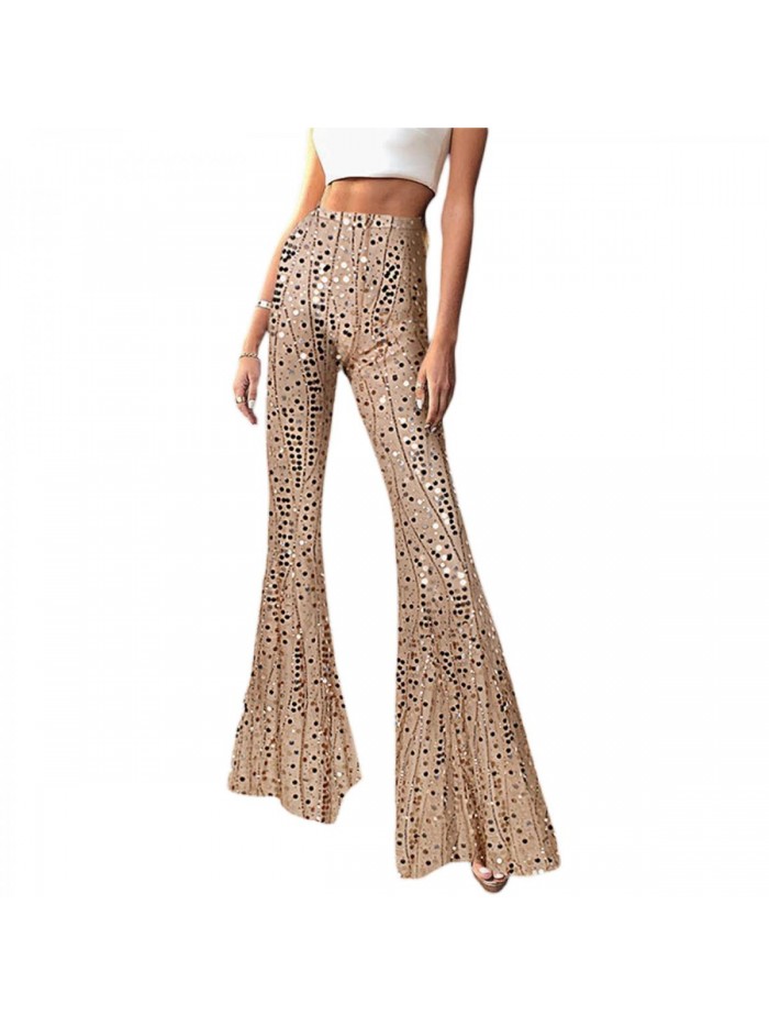 Women Fairy Sequin High Waist Flare Pants Sparkle Glitter Bell Bottom Trousers Party Clubwear Streetwear 