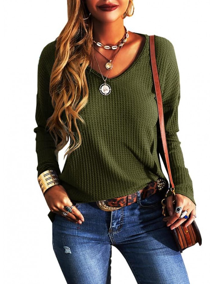 Women Casual V-Neck Long Sleeve Waffle Knit T-Shirt Solid Color Casual Basic Shirt Tops 