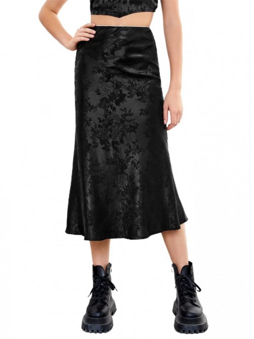 Women's Elegant High Waist Satin Skirt Floral Flar...