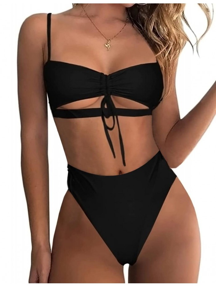 Jelly Womens High Waisted Bikini Sets Sexy Swimsuits Cutout Top with High Leg Cheeky Bottom Two Piece Bathing Suits 