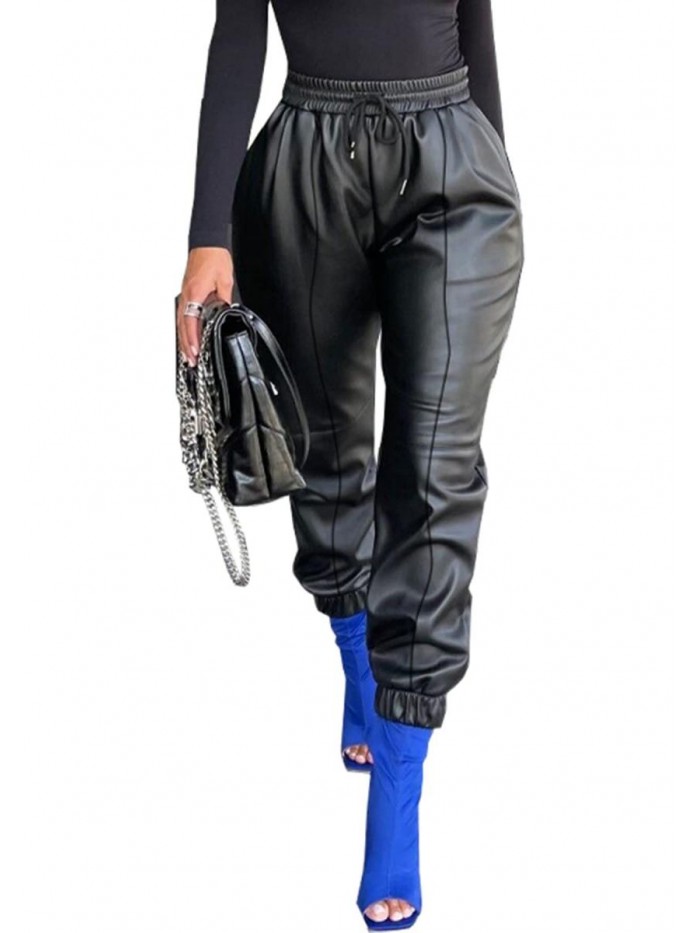 Women's Faux Leather High Waist Joggers Pants with Pockets PU Elastic Waisted Casual Trousers 