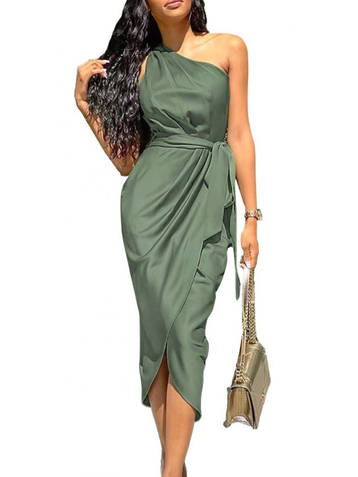 Women's Ruched Bodycon Dress Asymmetrical Sleeveless One Shoulder Wrap Satin Belted Cocktail Midi Dress 