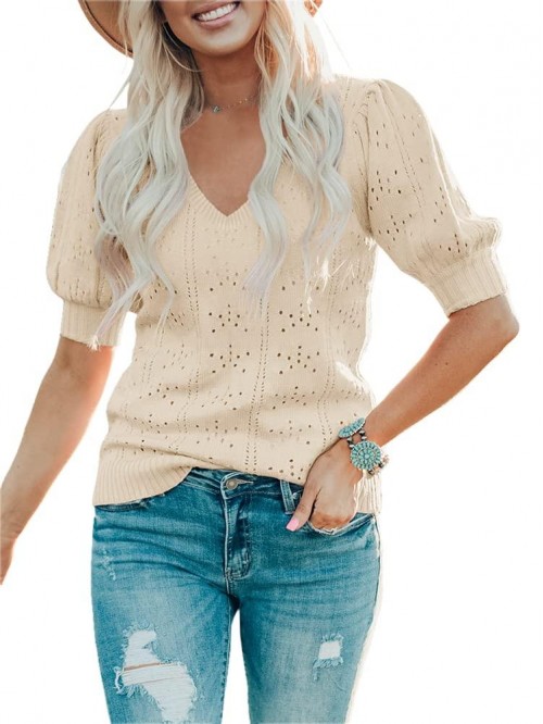 Womens Cute Short Puff Sleeve Sweaters Loose Crew ...