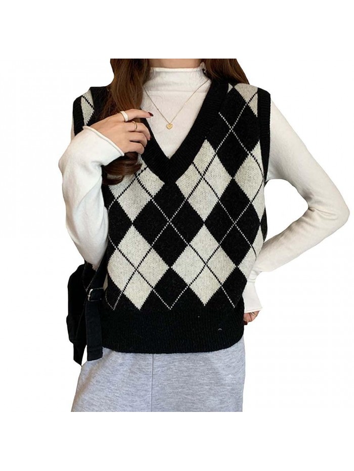 Sleeveless V-Neck Argyle Plaid Knitted Sweater Vest 90s E-Girl Casual Loose Preppy Style Pullover Knitwear Top 