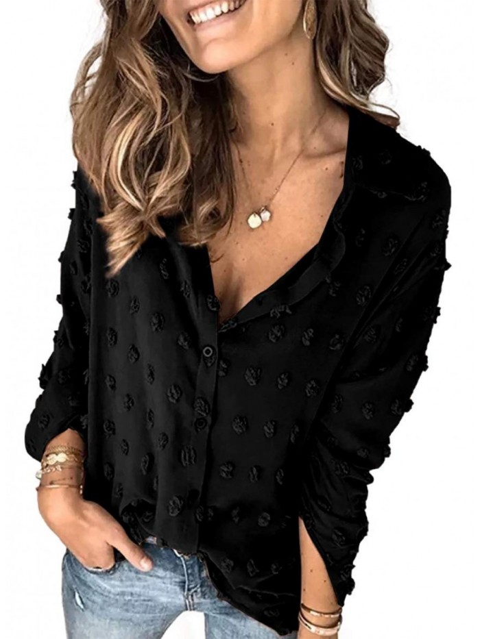 Womens V Neck Chiffon Blouse Pom Pom Long Sleeve Button Shirt Tops 